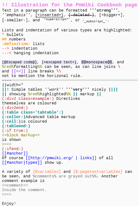 Example of CodeMirror PmWiki markup highlighting Example of CodeMirror PmWiki markup highlighting